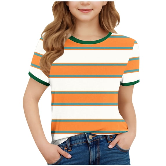 hoksml Big Kids Girls Summer Stripe Print T-Shirt Casual Short Sleeve Round Neck Tee Graphic Pattern Top for Youth