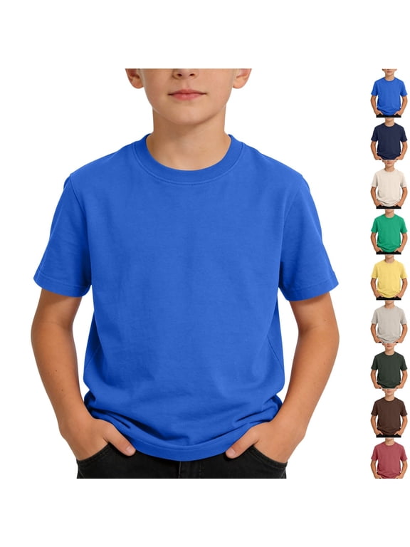 Big Kids Solid Color T-Shirt Summer Cotton Short Sleeve Tee Round Neck Casual Pullover for Boys and Youth