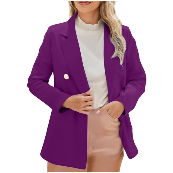 hoksml Blazers for Women, Solid Color Plus Size Double Button Turndown Collar Suit Jacket Pocket Long Sleeved Mid-length Top S-4XL
