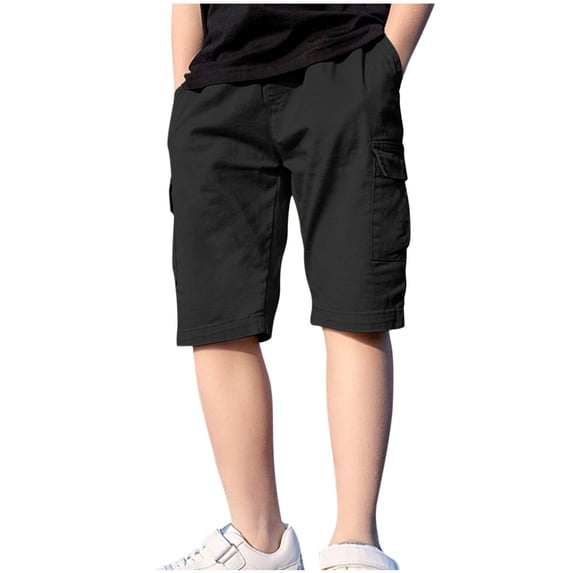 hoksml Boys Cotton Cargo Shorts Summer Elastic Waist Multi Pocket Loose Fit School Uniform and Play Shorts