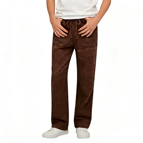 hoksml Boys Cotton Drawstring Pants, Kids Elastic Waist Straight Leg Pants with Pockets, Casual Solid Color Cotton Pants