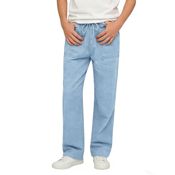 hoksml Boys Cotton Drawstring Pants, Kids Elastic Waist Straight Leg Pants with Pockets, Casual Solid Color Cotton Pants