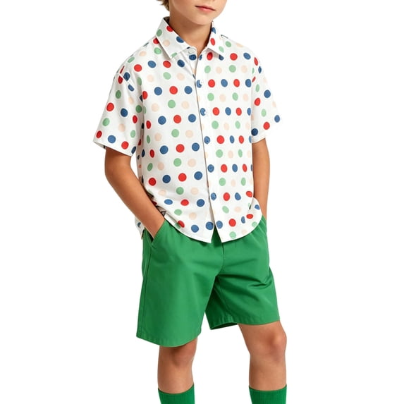 hoksml Boys Polka Dot Short Sleeve Shirt and Elastic Shorts Set, Back to School Outfit, Breathable 2PCS, Machine Washable Uniform Alt