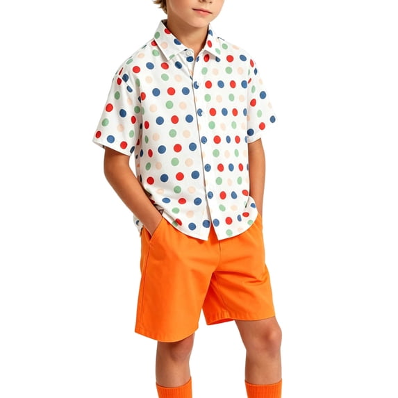 hoksml Boys Polka Dot Short Sleeve Shirt and Elastic Shorts Set, Back to School Outfit, Breathable 2PCS, Machine Washable Uniform Alt
