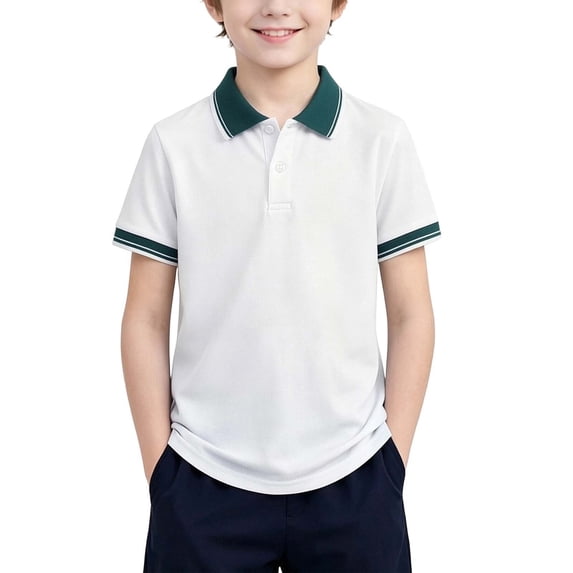 hoksml Boys Short Sleeve Collared Shirt, Color Contrast Collar Casual Tee for Back to School Uniform Daily Wear, Soft Cotton in Multiple Tones