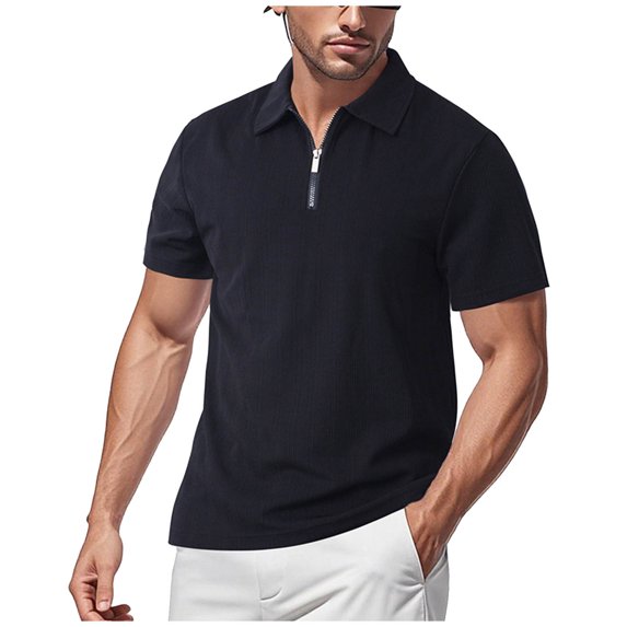hoksml Business Casual Shirts for Men, Summer Elasticity Casual Loose Zipper Lapel Short Sleeve Top Solid Color Collared Polos T Shirt Classic Golf Shirts