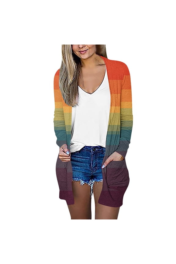 Cardigan for Women Fall Fashion Casual Long Sleeve Rainbow Stripe Printed Cardigan Loose Cover Up Open Front Sweaters Jackets with Two Pockets, Womens Cardigan Blouses on Clearance