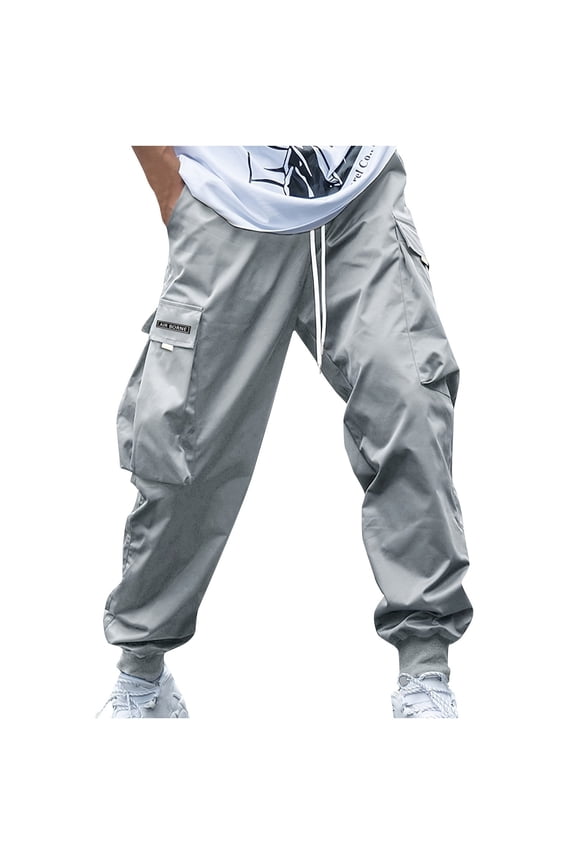 Cargo Joggers Men Solid Color Drawstring Elastic Waist Ankle Work Pants with Multiple Pockets