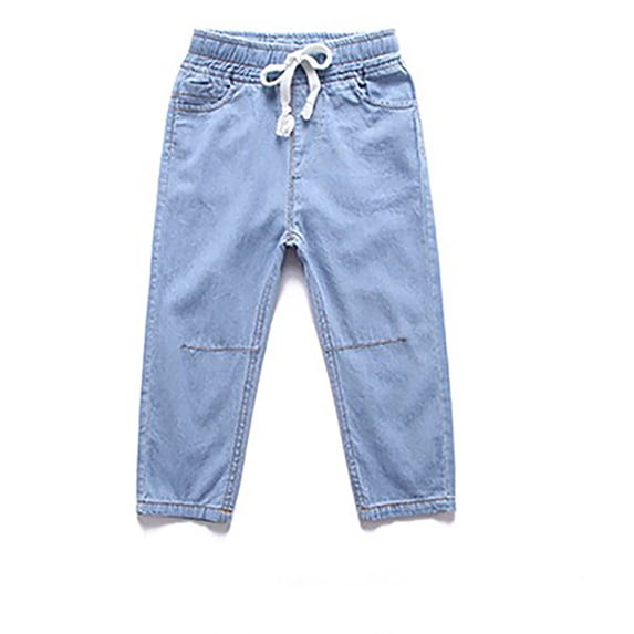 hoksml Children's Denim Pants Boys Girls Solid Elastic Waist Casual Loose Drawstring Mosquito Proof Flat Jeans Pants