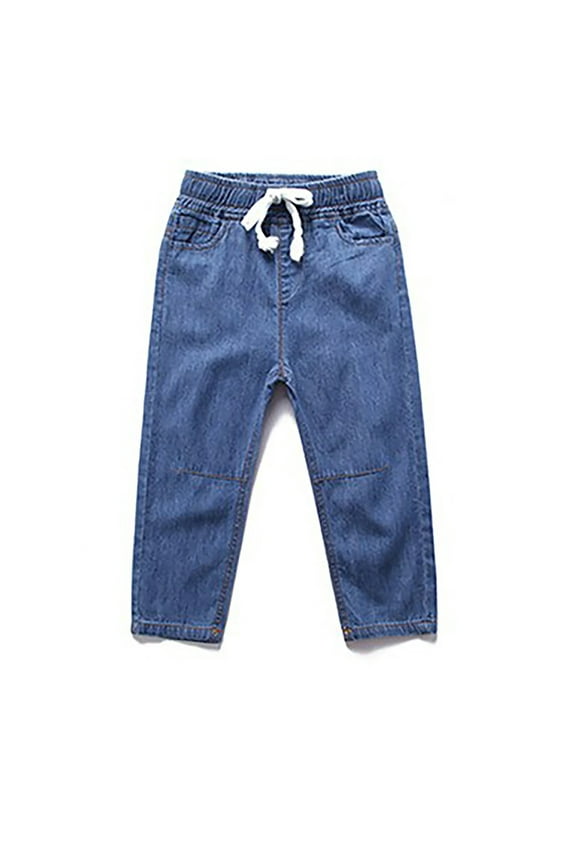 Children's Denim Pants Boys Girls Solid Elastic Waist Casual Loose Drawstring Mosquito Proof Flat Jeans Pants