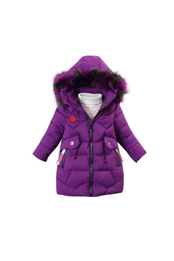 Children's Winter Clothing Girls' Puffer Jacket with Detachable Hood Love Print Drawstring Waist Thick Warmth Down Coat