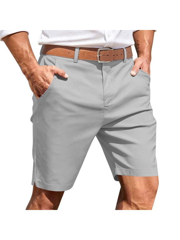 Chino Shorts for Men, Button Zip Fly with Elastic Back Waist Relaxed Knee Length Solid Casual Walking Bermuda Shorts