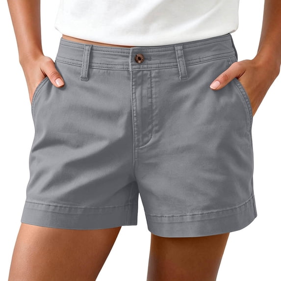 hoksml Classic Chino Shorts for Women - Mid Rise, Button Closure with Multi-Pockets