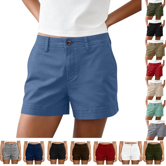 hoksml Classic Chino Shorts for Women - Mid Rise, Button Closure with Multi-Pockets