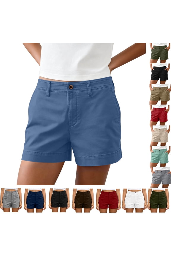 Classic Chino Shorts for Women - Mid Rise, Button Closure with Multi-Pockets