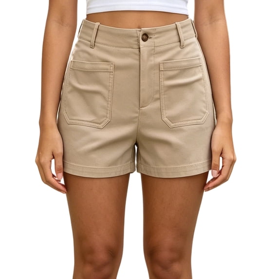 hoksml Classic Chino Shorts for Women - Mid Rise, Button Closure with Multi-Pockets