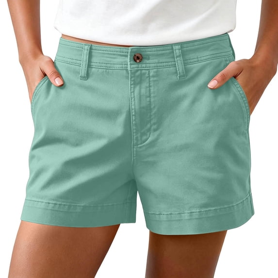 hoksml Classic Chino Shorts for Women - Mid Rise, Button Closure with Multi-Pockets