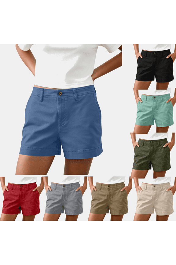 Classic Chino Shorts for Women - Mid Rise, Button Closure with Multi-Pockets