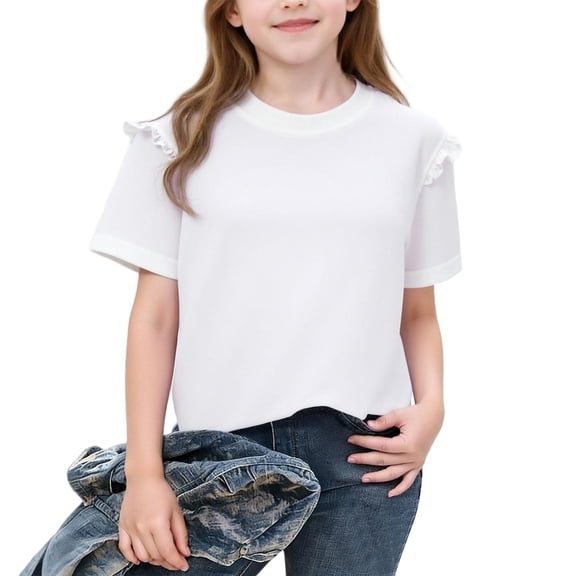 hoksml Cotton Round Neck Ruffle Sleeve Tops for Girls, Causal Summer Tee Shirt, Solid Color Basic Cute Blouse