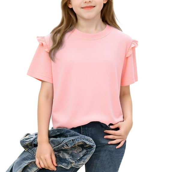 hoksml Cotton Round Neck Ruffle Sleeve Tops for Girls, Causal Summer Tee Shirt, Solid Color Basic Cute Blouse