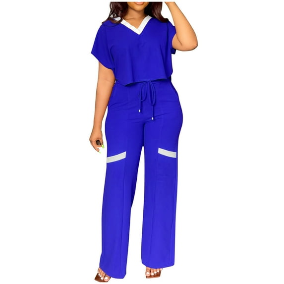 hoksml Cute Outfits for Women,Women鈥檚 Casual Fashion Solid Color Short Sleeve Top High Waist Straight Leg Pants Commuting Two-piece Set