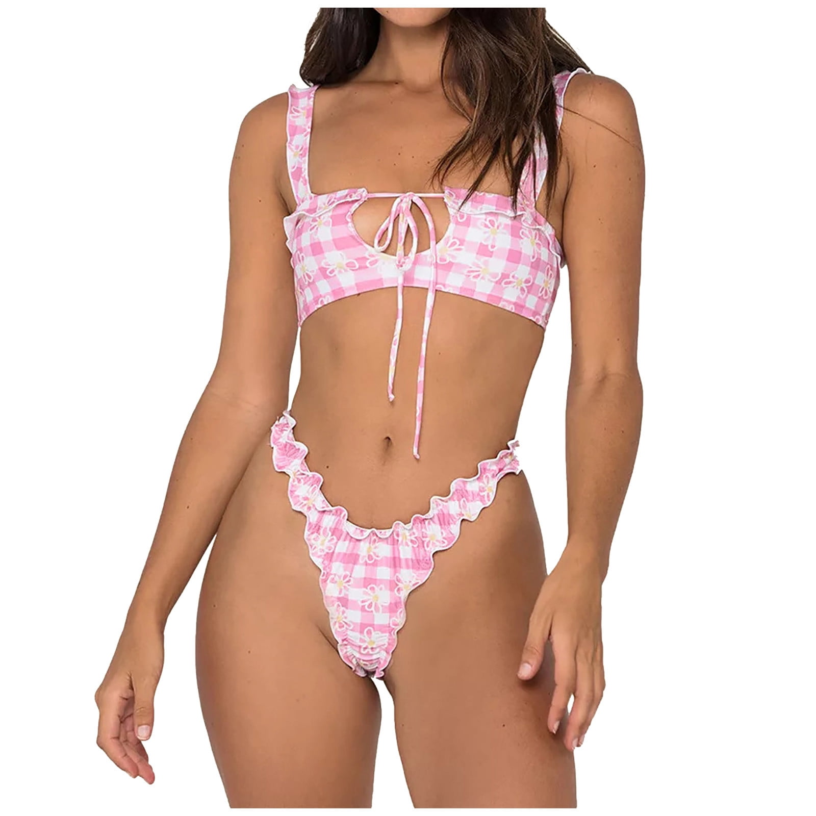 hoksml Cute Swimsuit for Women,Women's Sexy High Breast Contrast Solid  Bikini Set Solid Swimsuit Sets 