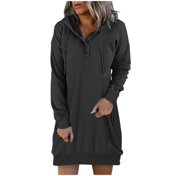 hoksml Dresses For Women 2023 And Winter Long Sleeve Dress For Women Hooded Solid Casual Dress