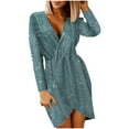 thumbnail image 1 of hoksml Dresses For Women 2023 Sequin Sexy V-neck Solid Slimming Long Sleeve Buttocks Slit, 1 of 6