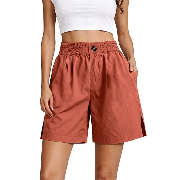 hoksml Elastic Waist Cotton Shorts for Women - Loose Fit with Side Pockets and Slits, Everyday Wear