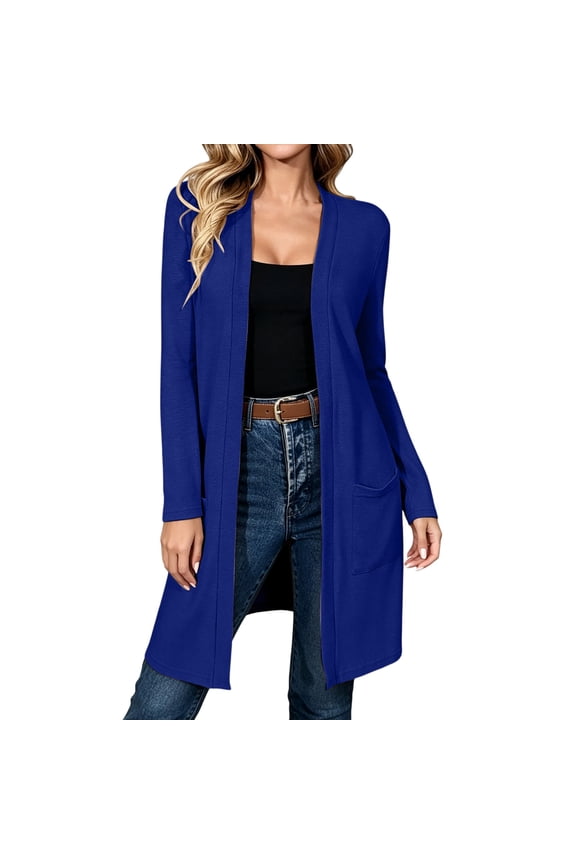 Elegant Long Duster Cardigan for Women, V Neck Open Front Lightweight Coat with Pockets, Curved Hem and Cozy Fit
