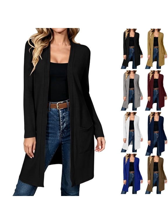 Elegant Long Duster Cardigan for Women, V Neck Open Front Lightweight Coat with Pockets, Curved Hem and Cozy Fit