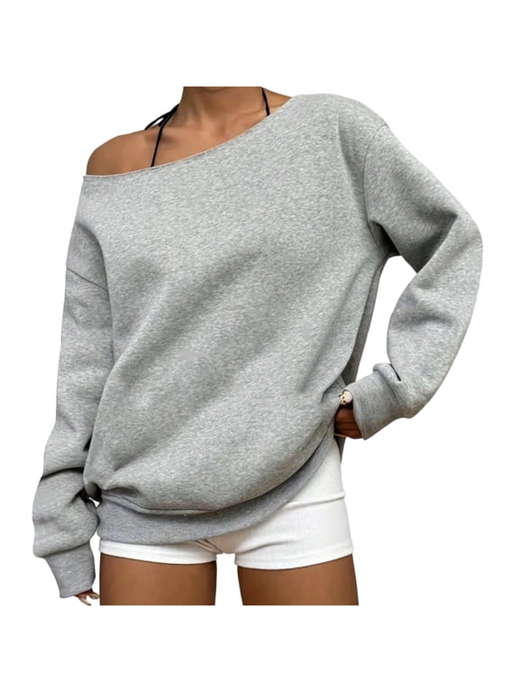 Everyday Essential Off Shoulder Pullover Women's, Drop Shoulder Long Sleeve Sweatshirt with Rib Cuffs and Relaxed Fit
