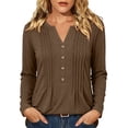 thumbnail image 1 of hoksml Everyday Essential Pleated Front Henley Top Women's, V Neck Long Sleeve 4-Button Tunic Blouse with Curved Hem and Casual Fit, 1 of 7