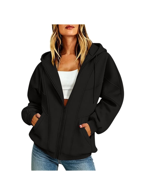 Everyday Essential Seam Detail Zip Up Hoodie Women's, Loose Fit Jacket with Puff Rib Cuffs, Pockets and Adjustable Hood