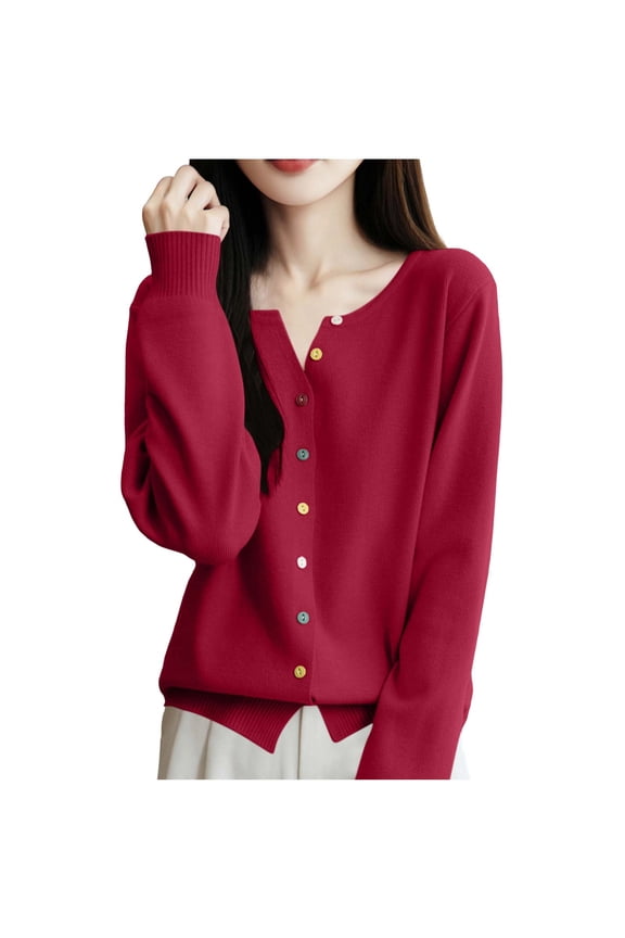 Everyday Essential V-Neck Cardigan Women's, Colorful Buttons Long Sleeve Open Front Knit Sweater with Ribbed Cuffs