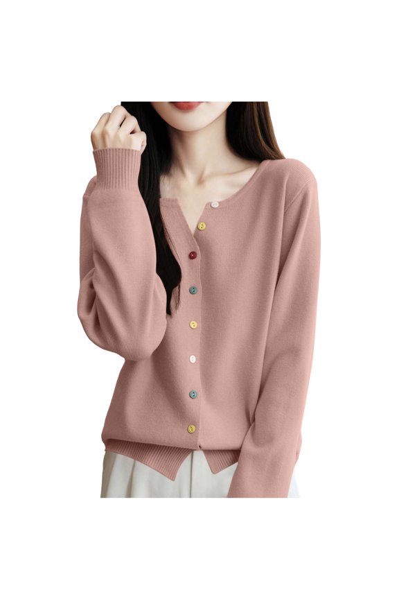 Everyday Essential V-Neck Cardigan Women's, Colorful Buttons Long Sleeve Open Front Knit Sweater with Ribbed Cuffs