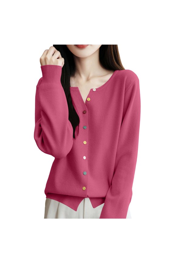 Everyday Essential V-Neck Cardigan Women's, Colorful Buttons Long Sleeve Open Front Knit Sweater with Ribbed Cuffs