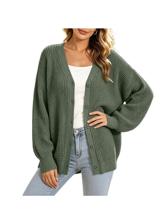 Everyday Essential Waffle Knit Cardigan Women's, V Neck Long Sleeve Button Down Jacket with Balloon Sleeves and Ribbed Trim