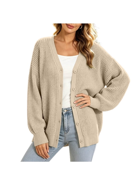 Everyday Essential Waffle Knit Cardigan Women's, V Neck Long Sleeve Button Down Jacket with Balloon Sleeves and Ribbed Trim