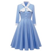 hoksml Fall Dresses Fashion Womens Elegant Sexy Casual Loose Retro Lapel Bowknot Placket Waist Solid Color Mid-length Dress Gift
