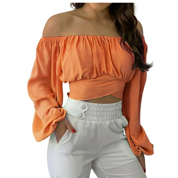 hoksml Fancy Tops for Women,Woman's Strapless Long SleeveSolid Color Off Shoulder Ruched Lantern Sleeve Crop Tops