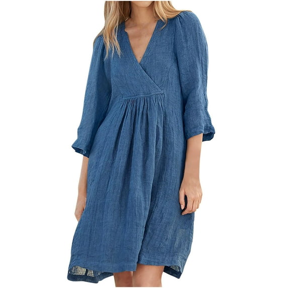 hoksml Fancy Tops for Women,Women's Summer Half Sleeve Solid Color Soft Comfortable Cotton And Linen Long Dress