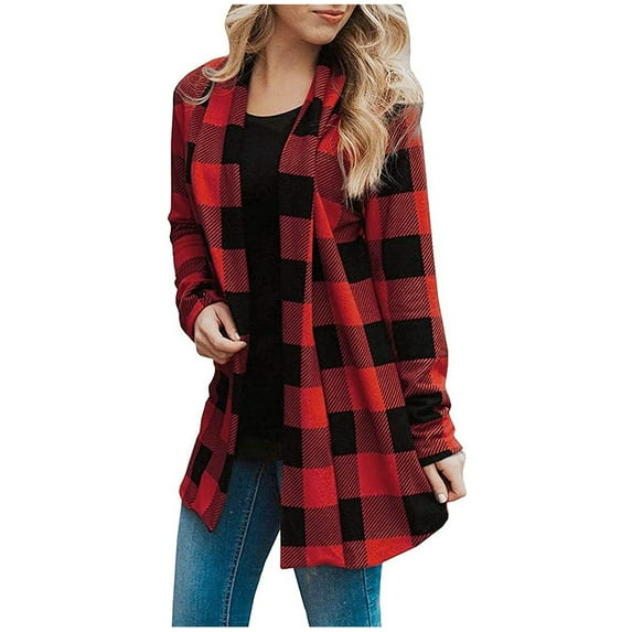 hoksml Fashion Women's Plaid Printed Coat Long Sleeve Cardigan Outerwear Tops Clearance