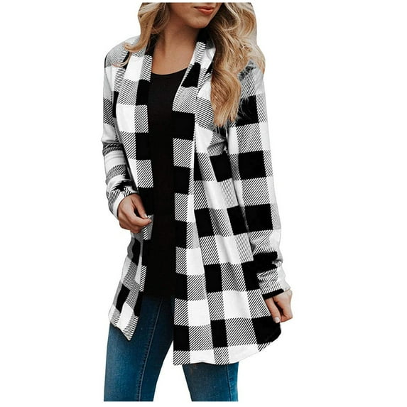 hoksml Fashion Women's Plaid Printed Coat Long Sleeve Cardigan Outerwear Tops Clearance