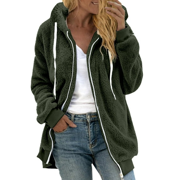 hoksml Fashion Women's Zipper Fleece Coats Tops Solid Long Sleeve Hooded Fuzzy Warm Sweatshirt Jackets S-5XL