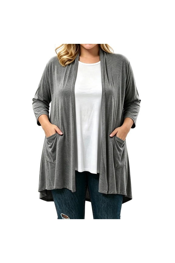Flattering Plus Size Open Front Cardigan, Draped Collar 3/4 Sleeve Duster with Pockets, Asymmetric Hem and Comfy Loose Fit