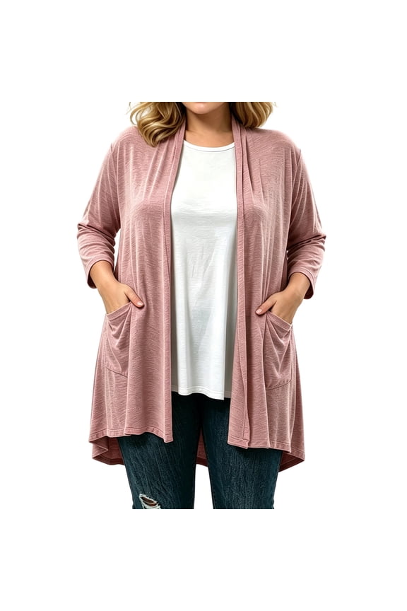 Flattering Plus Size Open Front Cardigan, Draped Collar 3/4 Sleeve Duster with Pockets, Asymmetric Hem and Comfy Loose Fit