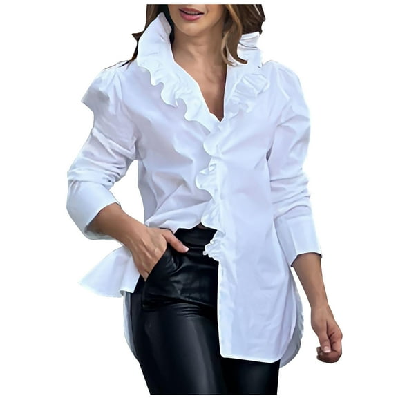 hoksml Flowy Tops for Women,Fashion Women Solid Casual Long Sleeve Turndown Collar Button Shirt Tops