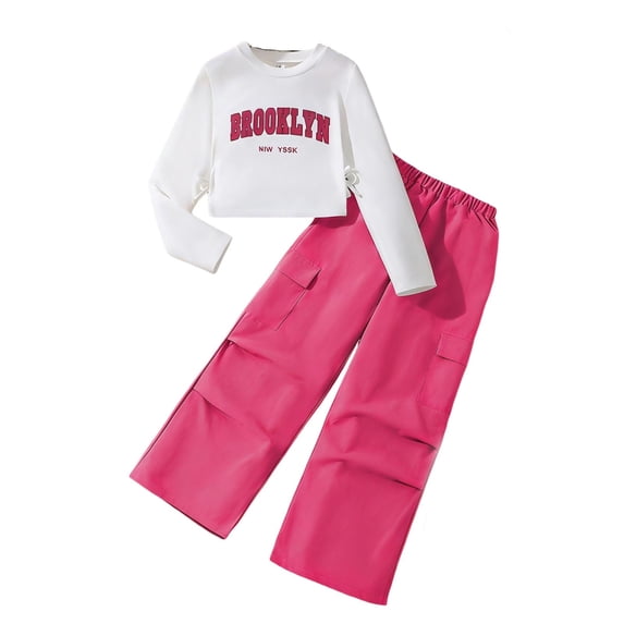 hoksml Girls' 2-Piece Casual Outfit Letter Print Long Sleeve Tee and Cargo Pants, Versatile Tween Set