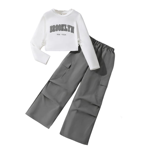 hoksml Girls' 2-Piece Casual Outfit Letter Print Long Sleeve Tee and Cargo Pants, Versatile Tween Set